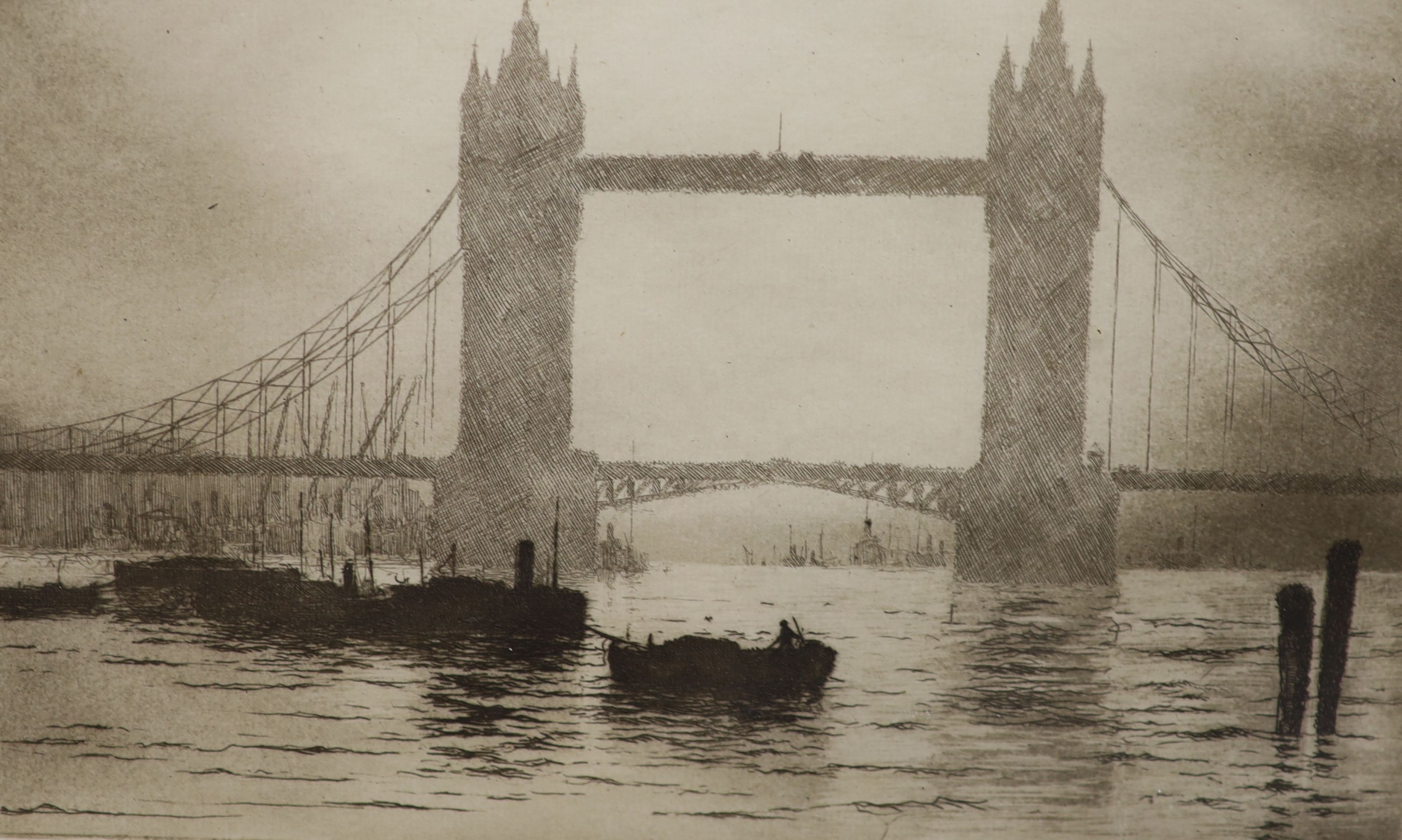 Edgar James Maybery (1877-1966), etching, Tower Bridge, signed in pencil, 12 x 20cm and an L.F. Longstaff etching of Westminster, 17 x 17.5cm